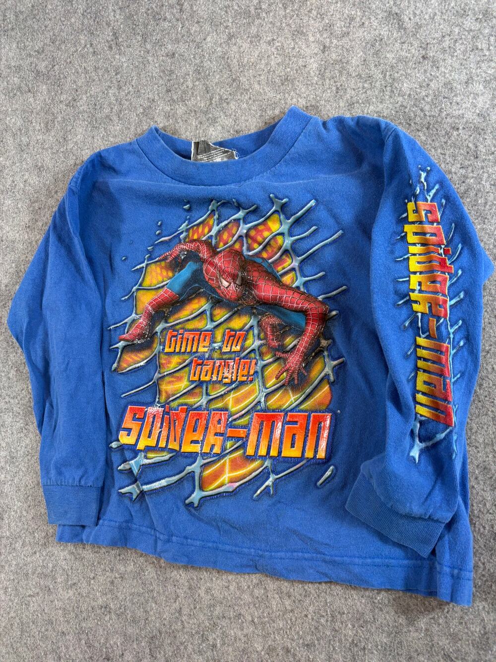 VINTAGE Y2K Spider Man Shirt Boy Small Blue Marvel Movie Graphic Long Sleeve Tee